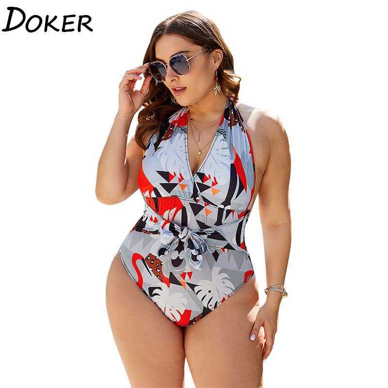

Printed Plus Size Swimwear Sexy Halter Cross Straps Cover Belly Femme Swimsuit Seaside Beach High Waist Bikini 210603, Cream color