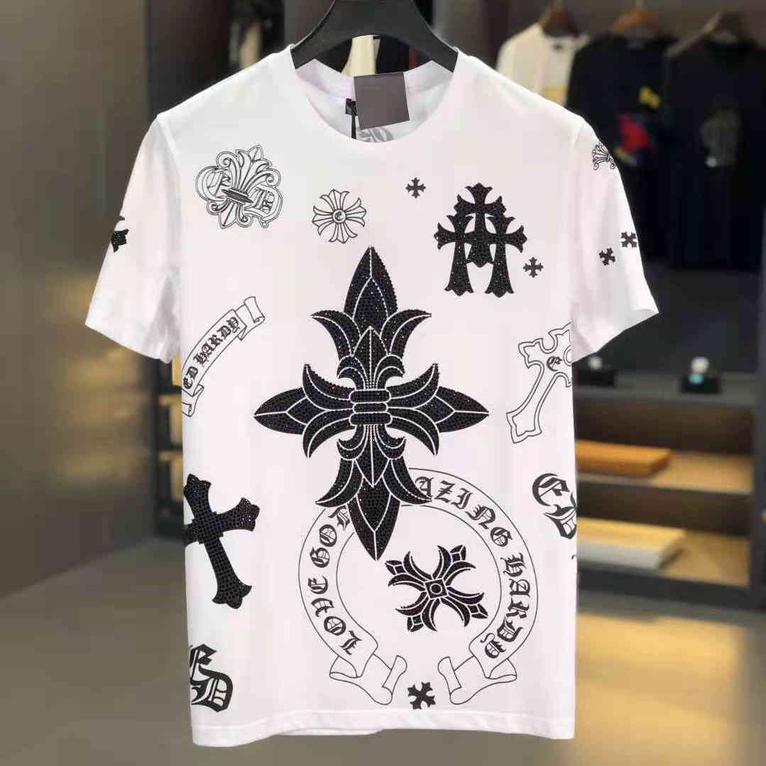 

Hearts/Chrome 21 Summer Fashion Brand New Short Sleeve T-shirt Ch Cross Sanskrit Hot Diamond Men's and Women's Matching T-shirt HPC9, White