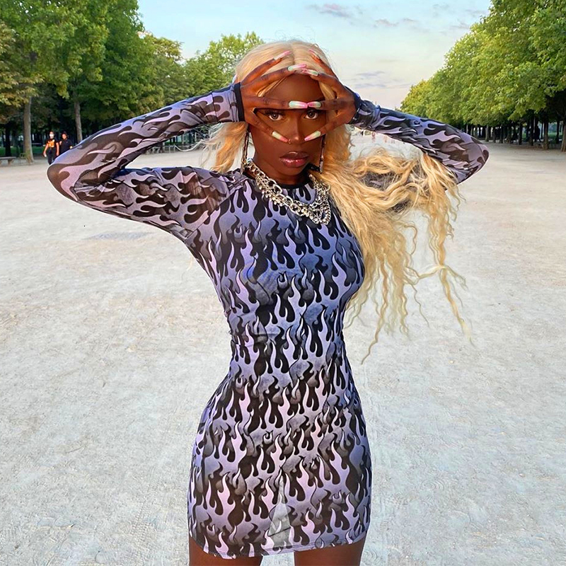 

2021 Autumn See Through Black Mesh Calls Sexy Female Print Mini New Long Sleeve the Neck-neck Club Pencil Streetwear Aanx