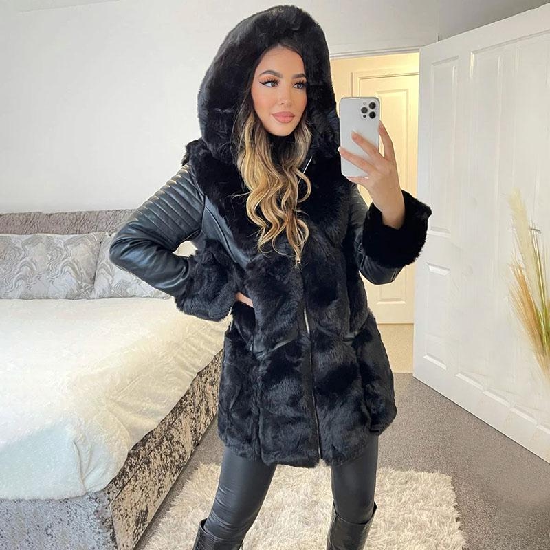 

Women's Fur & Faux Elina Thick Hooded Coats Women Fashion Slim Stitching Jackets Elegant Winter Zipper Closure Female Ladies, Black