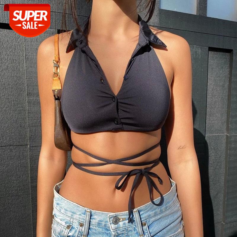 

hiriginButtons Up Deep V-neck Tank Crop Tops Clubwear 2021 New Sexy Women Sleeveless Backless Lace-up Hollow Out Vest Camisoles #mS7q, White