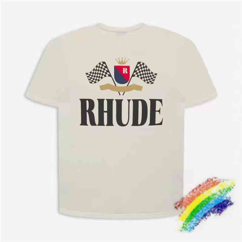 

2022ss Rhude t Shirt Men Women 1:1 Quality T-shirt Apricot Track Print Tee