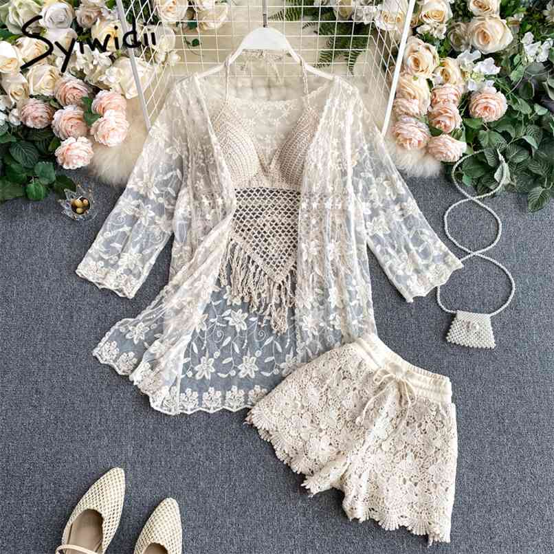 

3 Pieces Sets Women Knitting Elastic Waist Lace Up Shorts Hollow Out Halter Tank Tops and Shirts Summer Beach 210607, Apricot