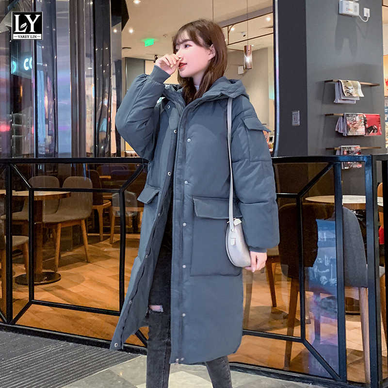 

LY VAREY LIN Cotton Coats Women Winter Big Pockets Hooded Parkas Korean Style Thicken Long Padded Jackets Bubble 210526, Blue