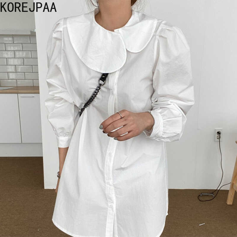 

Korejpaa Women Dress Summer Korean Chic Girls Irregular Doll Collar Loose Single-Breasted Shirt Style Puff Sleeve Vestidos 210526, White
