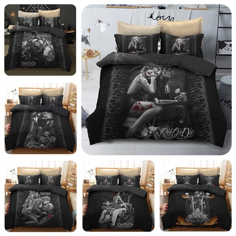 

3D Women And Skull Bedding Sets Sugar Skull And Motorcycle Duvet Cover Bed Cool Skull Print Black Bedclothes Bedline Y200417, Green