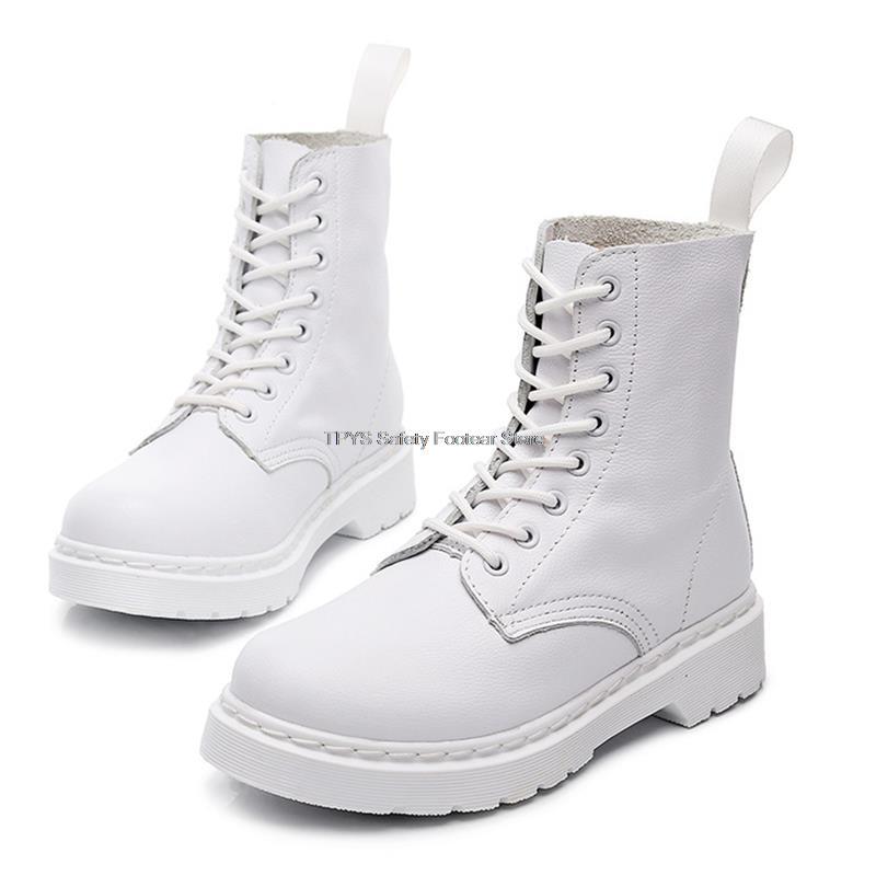 Bottes en cuir véritable femme blanche cheville printemps automne automne chaussures de mode moto Botas mujer comfty short