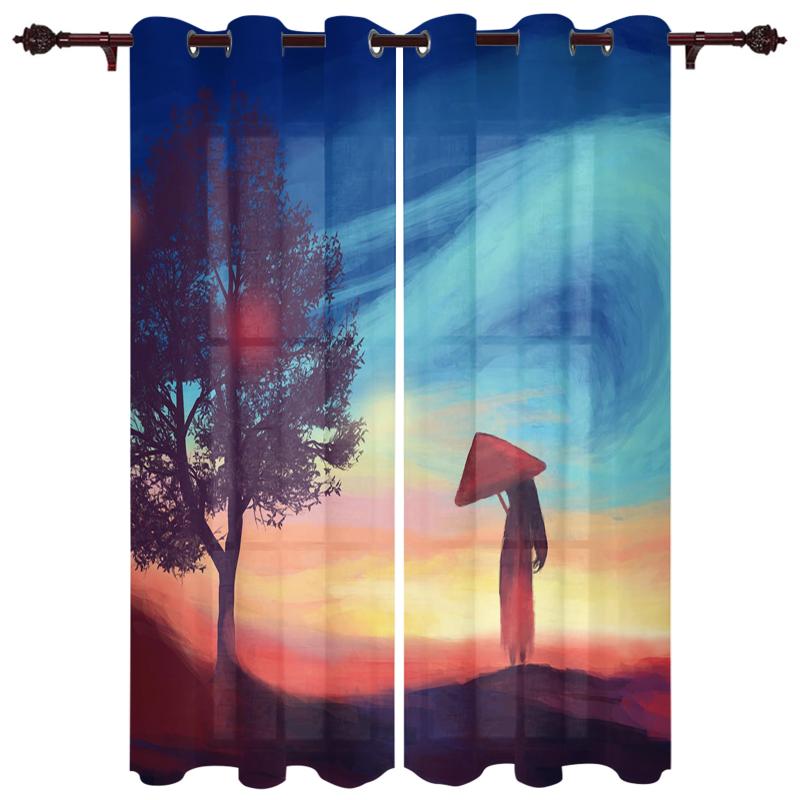 

Translucent Curtains Girl Trees Oil Painting Living Room Closet Kitchen Bedroom Home Decoration Exquisite Window Curtains