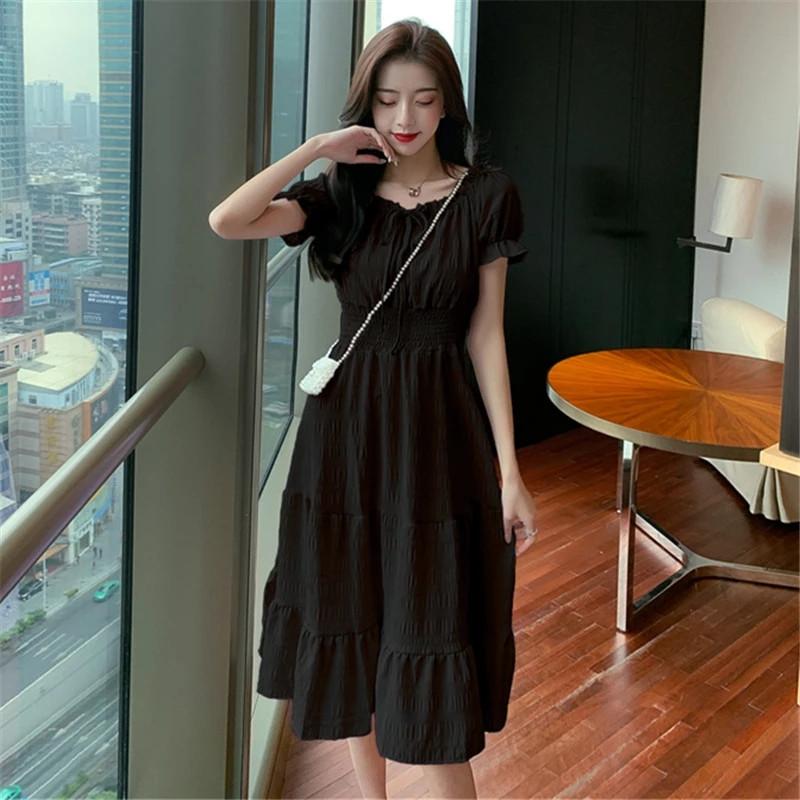 

Casual Dresses Summer Sweet Bodycon Korea A-Line Women Robe Clothes 2021 Fashion Solid Dress Ms Midi Sukienka Vestidos De Mujer, Black