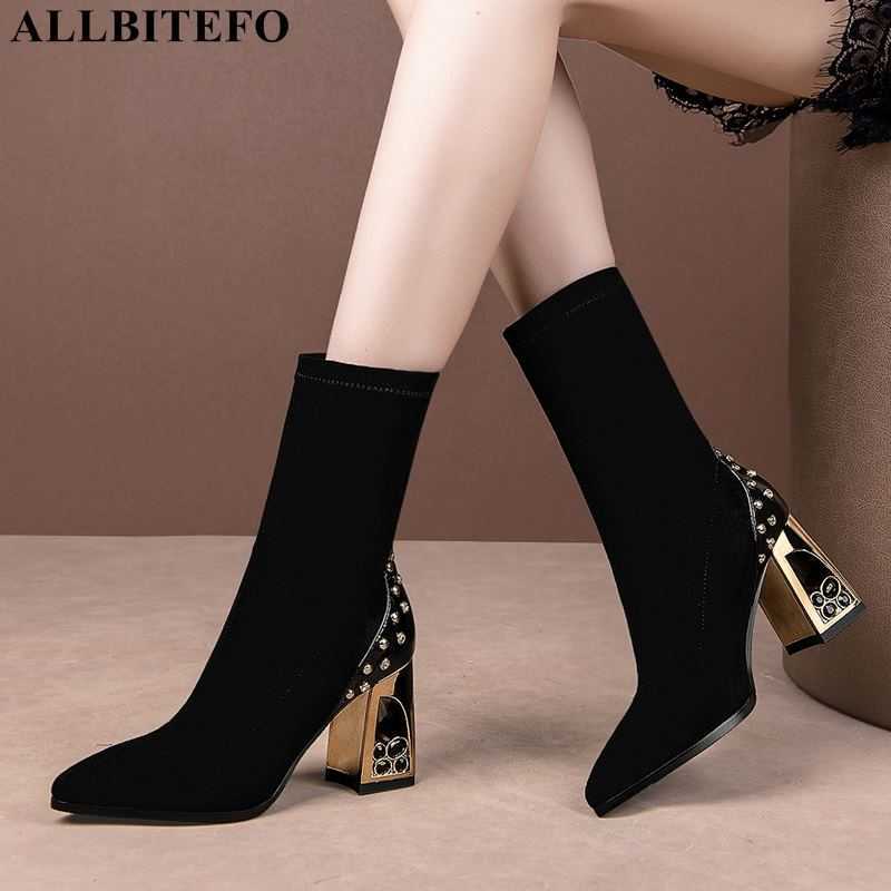 

ALLBITEFO large size:34-42 genuine leather+elastic force thick heels party women boots brand high heels ankle boots for women 210611, No plush inside