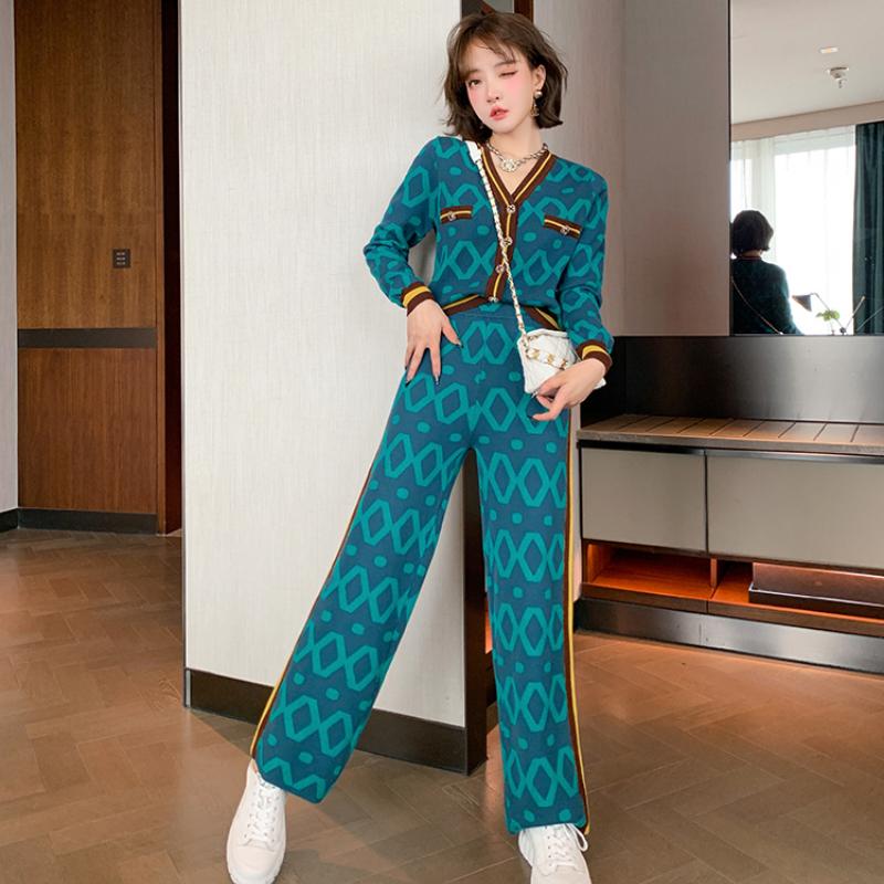 

Women's Two Piece Pants Awarose Women Knitted Clothes Set Long Sleeve V-neck Button Jacket Top High Waist Loose Pant Autumn Female Fashion 2, White