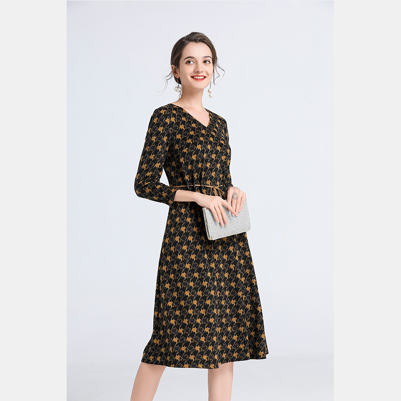 

2021 New Fashion Women Floral Print Party Midi Office Lady High Waist V-neck Black Elegant Vintage Sashes Casual Es 1w15