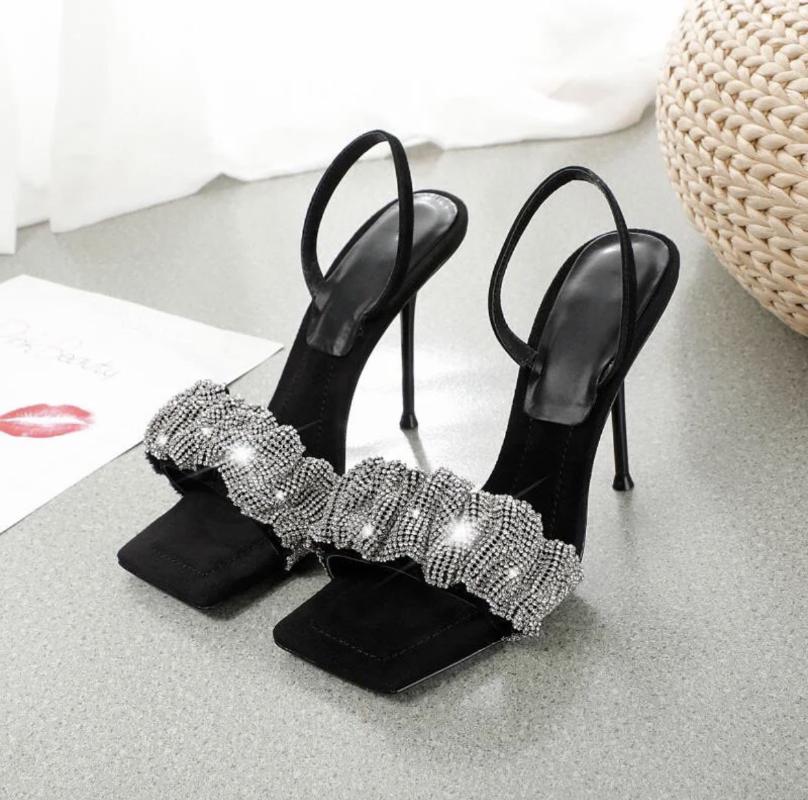 

2021 Summer Women High Heels Crystal Sandals Wedding Bridal Stiletto Heels Sandles Glitter Prom Elegant Stripper diamond Shoes, Black