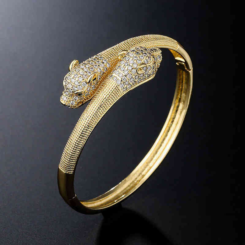 Big Leopard Head Shape Women and Men Bangle with Ring Jewelry Set High Dubai Gold Bracelet-image-745384816
