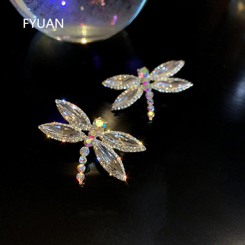 

Dangle & Chandelier FYUAN Cute Dragonfly Crystal Earrings For Women Geometric Rhinestone Party Jewelry Accessories, Silver