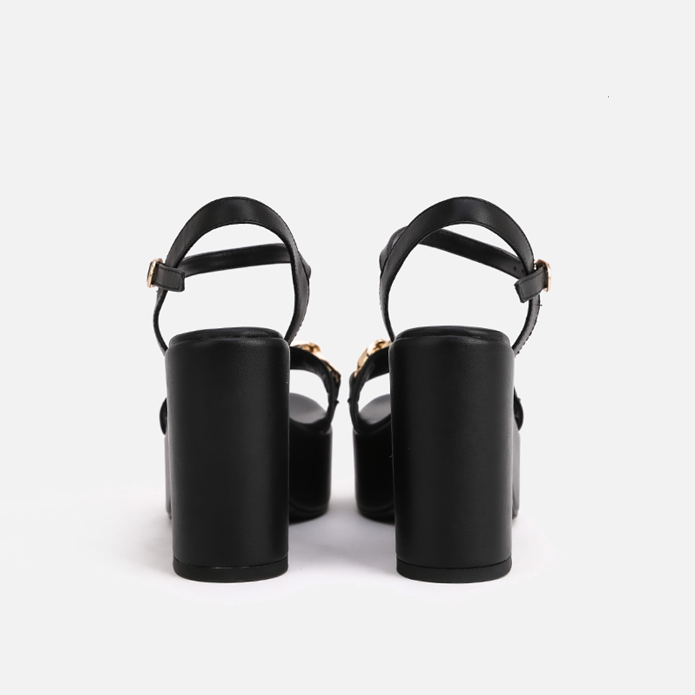 

sandals womans new wedges super high genuine leather metal decoration chain buckle pumps roman platform lady footwear x155, Black