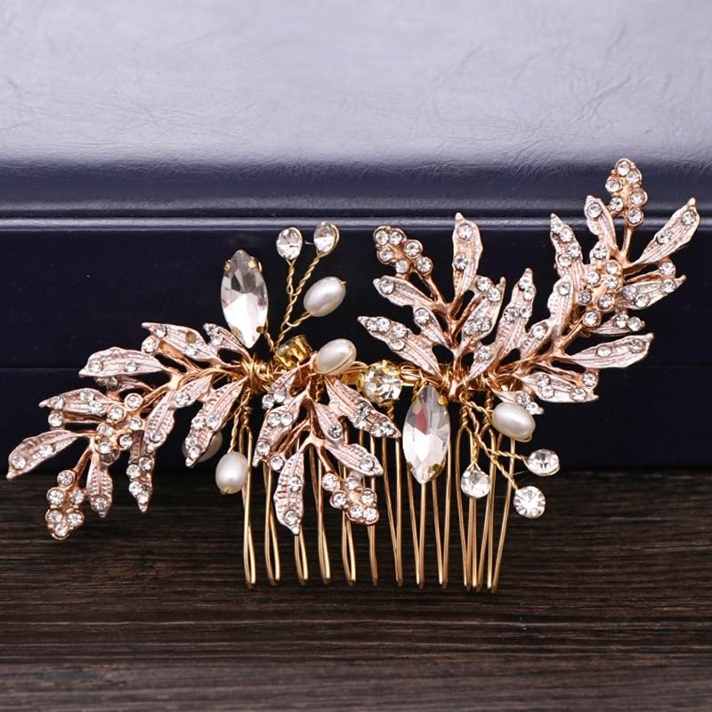 

Hair Clips & Barrettes Golden Leaf Rhinestone Wedding Comb Accessories Bridal Tiara Pearl Crystal Jewelry Headpiece, Golden;silver