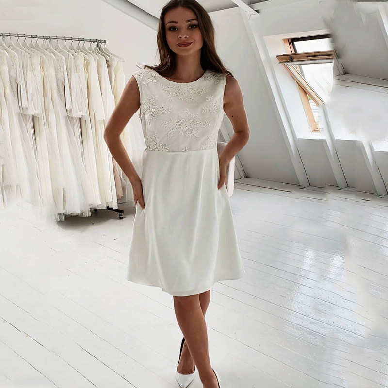 

2021 Scoop Appliques Lace Sleeveless Wedding Dress Zipper A-Line Satin Short Knee Length Bridal Gowns robes de mariées, White