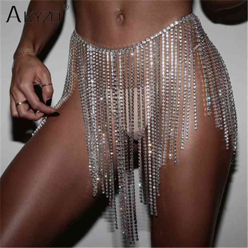 

AKYZO Super Sparkly Tassel Chain Skirt Arrival Sexy Shine Hollow Out Handmade Nightclub Beach Mini 210708, Silver