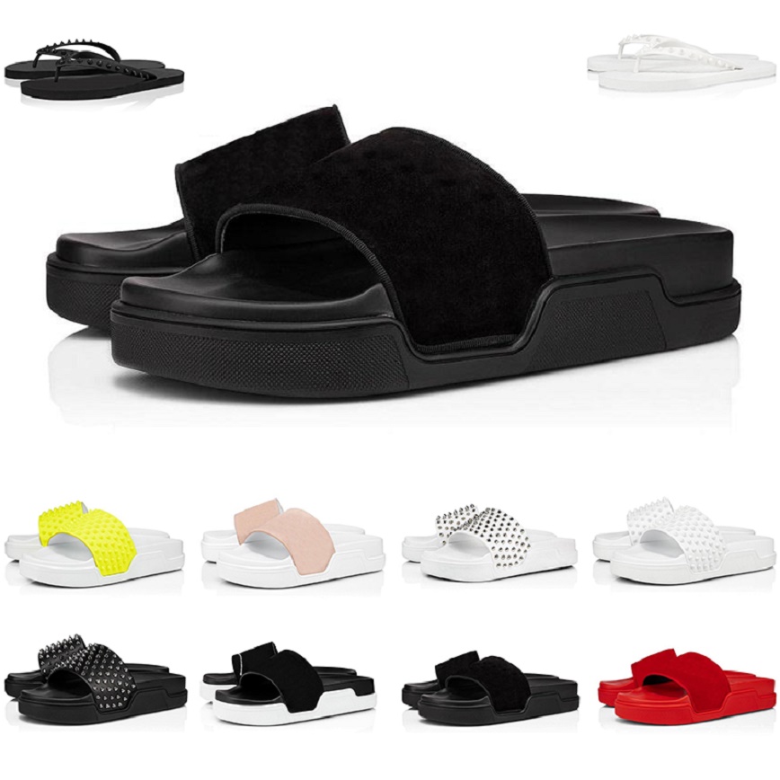 

with box top luxury men slippers designer sandals fashion slides triple black white spikes mens flat flip flops beach hotel platform sandal 38-46, Color#7