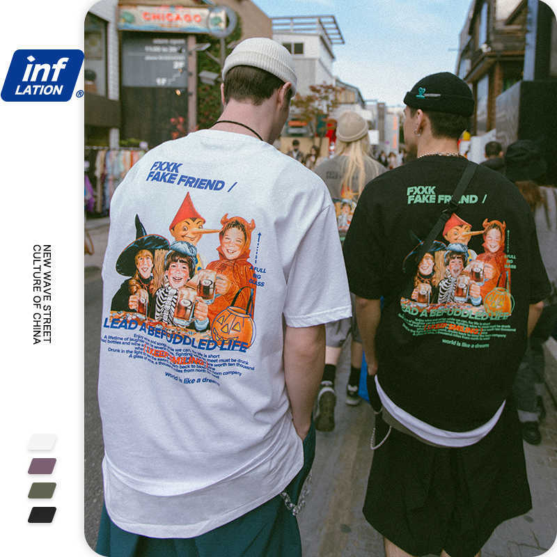 

INFLATION Harajuku Funny Men T-Shirt Cotton Print Casual Loose 's T-shirt Short Sleeve 1023S20 210629, Black