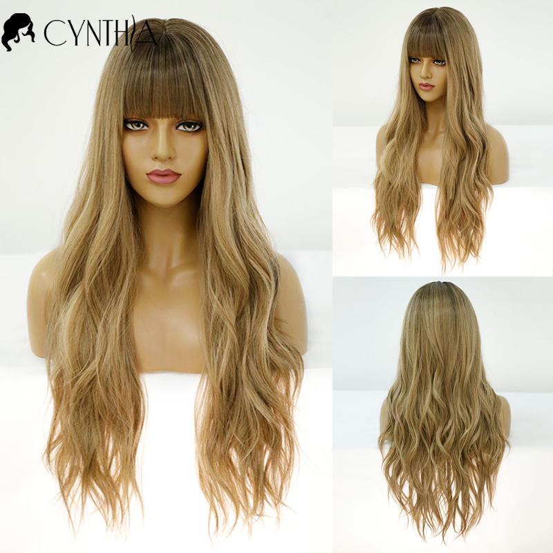 

Synthetic Wigs Long Wavy Daily With Bangs Natural Ombre Blonde Heat Resistant Gold Colorful Fiber Cosplay For Women, Black