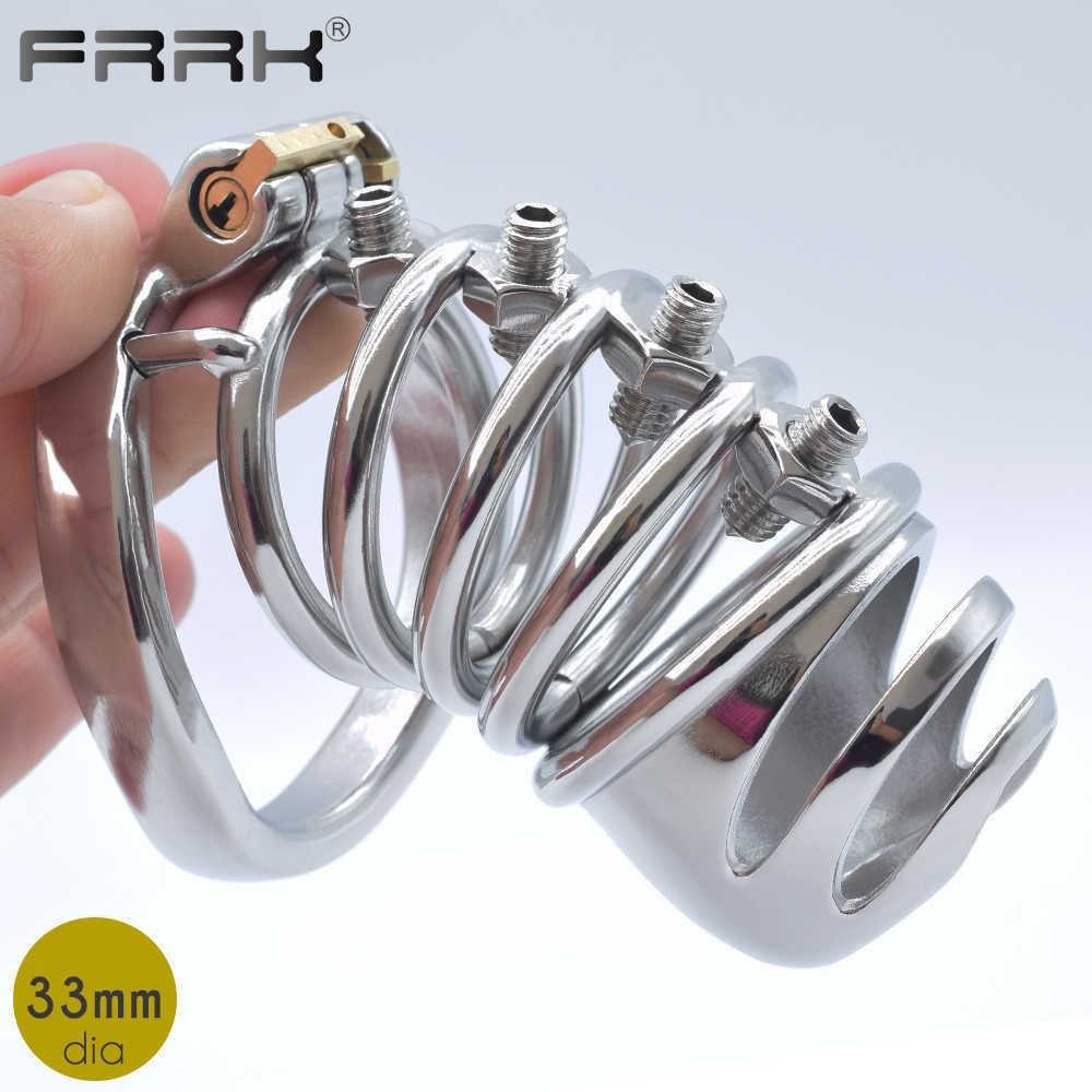 

FRRK Male Chastity Device Bolted CBT Cock Cage with Spikes Stimulate Denial Penis Rings BDSM Bondage Kink Sissy Sex Toys for Men 210629