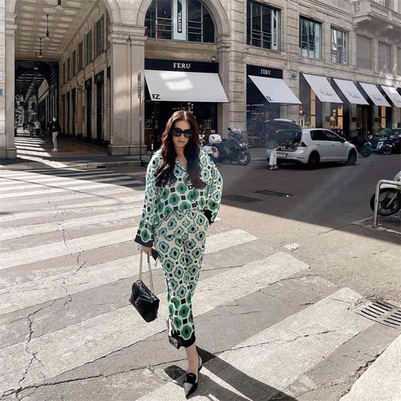 

PUWD Casual Women Green Print Blouse Suit Spring Elegant Female Streetwear Pant Matching Sets Ladies Vinatge Geometry Suits 210709, Green2