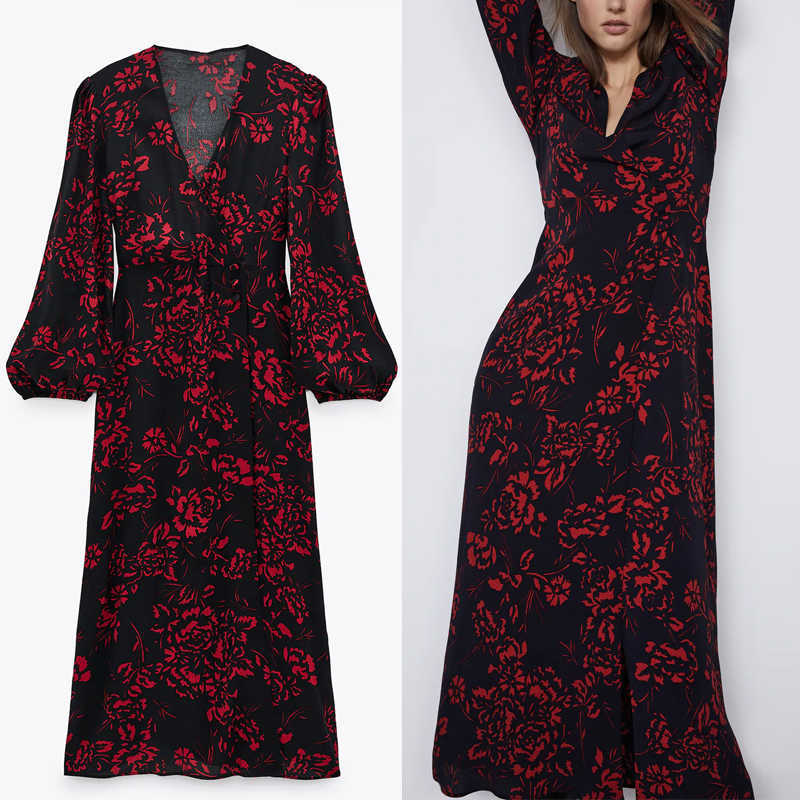 

Za Floral Print Long Dress Women Vintage V-neck Surplice Front Slit Party Dresses Woman Lined Buttons Midi Autumn Vestidos 210602, Red