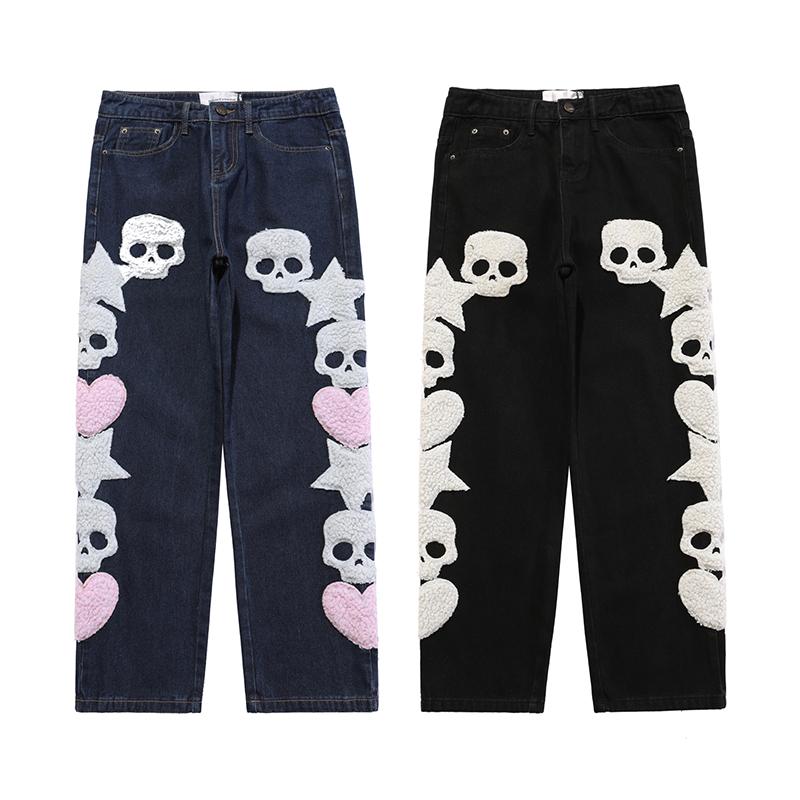 

Men' Jeans Unisex- Hip Hop Clothing Street Fashion Skull Five-Star Love Towel Embroidery Loose Casual Denim Straight Pants Couple, Black