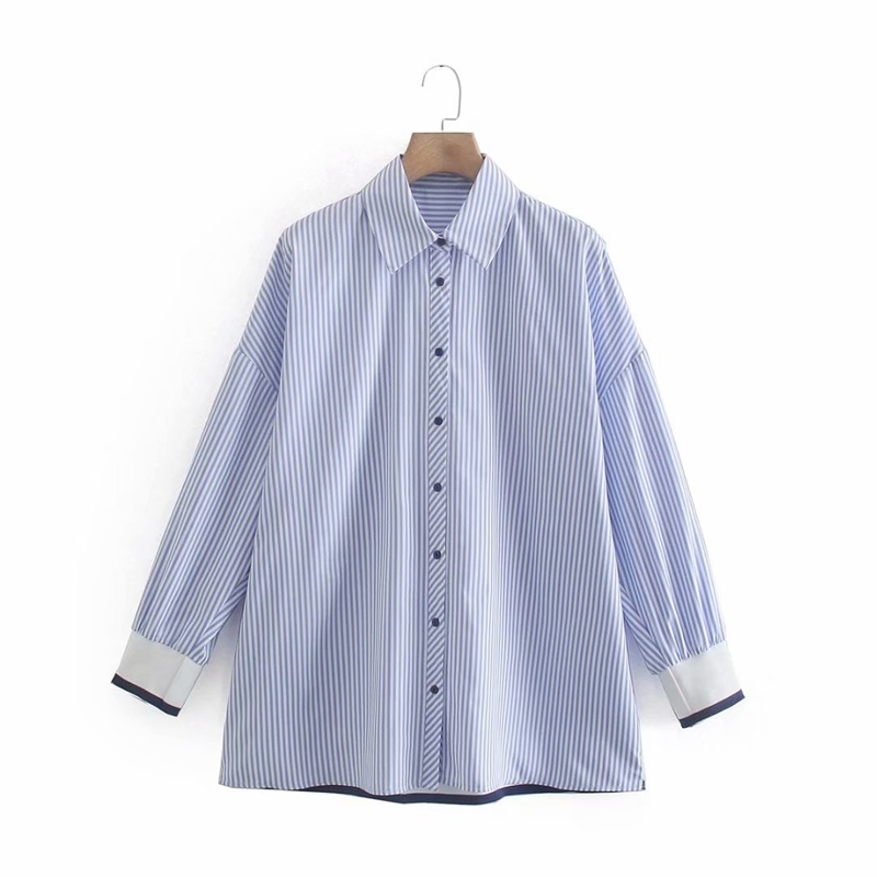 

Casual Office Lady Shirts Spring Long Sleeve Striped Tops Women Turn Down Collar Patchwork Shirt Street Wear NX2136 210525, Blue