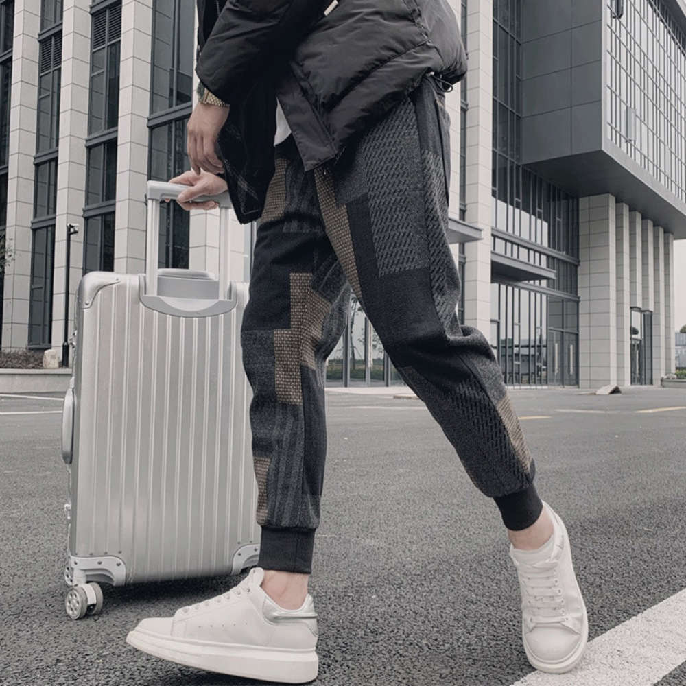

Fashion brand men's Corset stitching overalls Korean Trend wool loose leisure sports dress compression pants mens joggers, Black