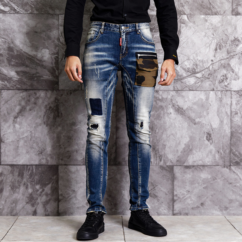 

2021 New Fashion Streetwear Retro Blue Slim Fit Ripped Men Patch Camouflage Pocket Designer Pants Hip Hop Jeans Homme 23bn