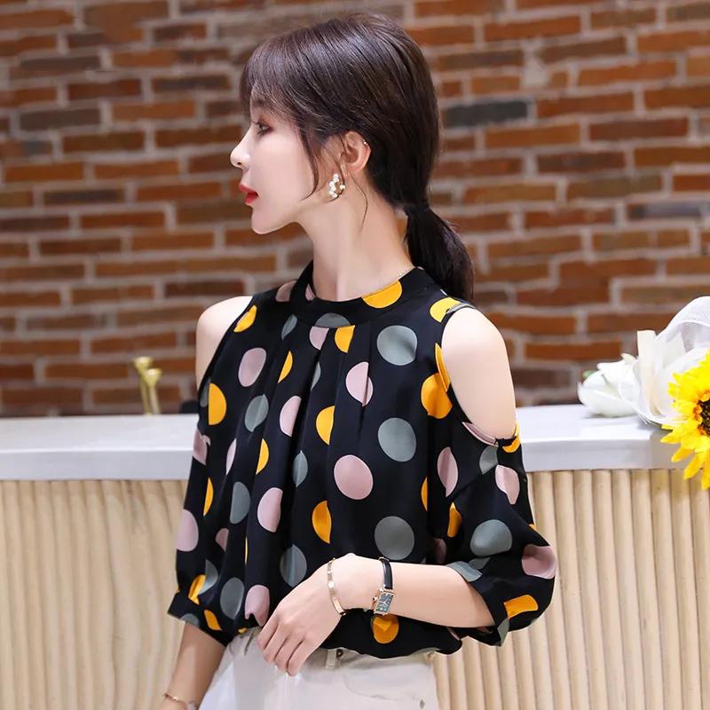 

Women's Blouses & Shirts Retro Blouse Women Plus Size Summer Style Korean Fashion Loose Lantern Sleeves Strapless Polka Dot Printed Chiffon, Big dot black