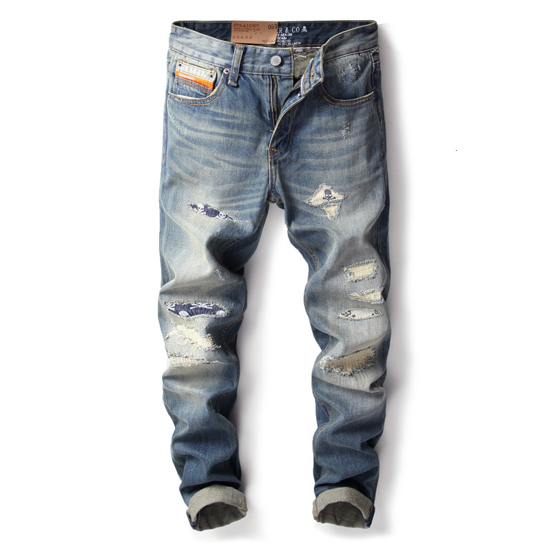 

2021 New Moda Streetwear Dos Slim Fit Crnio Bordado Designer Jeans Rasgado Homens Hip Hop Calas De Brim Homme Patchwork Mpgn, Retro blue