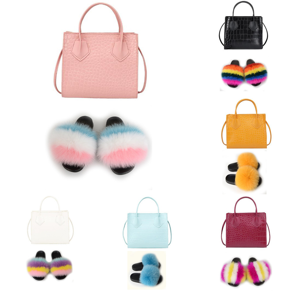 

Women Shoes Flip Flops Furry Sandals With Bags Real Fox Fur Slides And Purse Sets Extra Fluffy Luxury Flats Slippers And Handbag