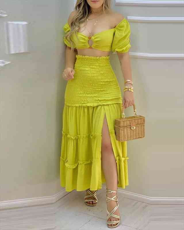 

Elegant 2 Piece Set Women Outfits Crop Top amp Frill Hem Slit Maxi Skirt Set Casual Sets Clothes Yellow Summer, White
