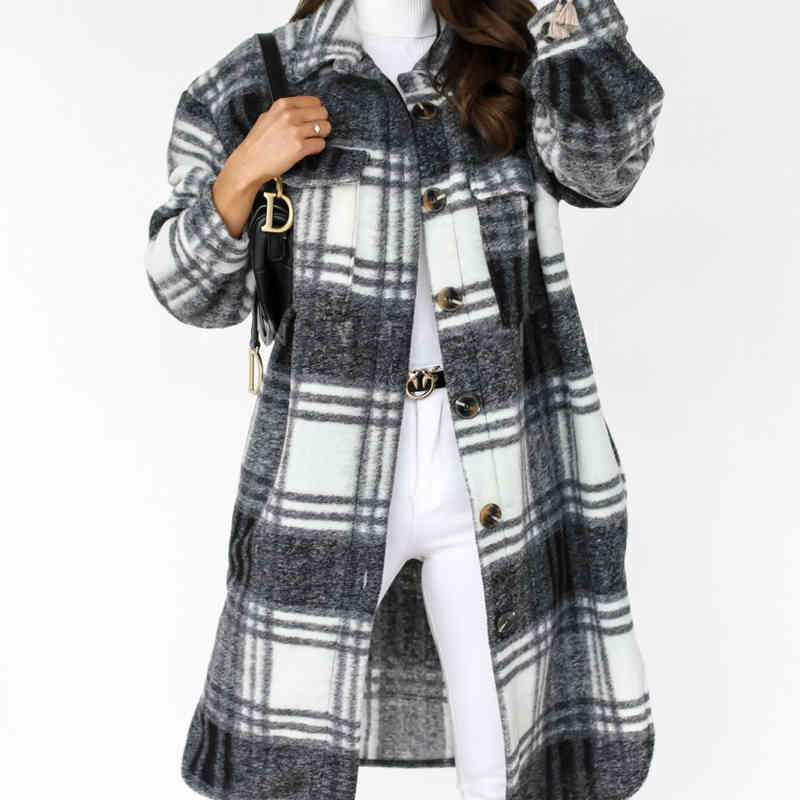 

Oversized autumn Women'S Casual Lapel Button Down Long Plaid Shirt Coat women Tartan Shacket etR69F, Black