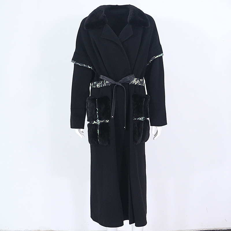 

OFTBUY Black X-long Cashmere Wool Blends Real Fur Coat Belt Winter Jacket Women Natural Mink Fur Pocket Streetwear Outerwear New