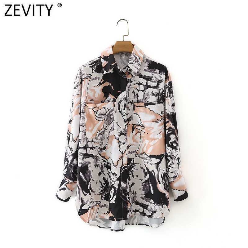 

Zevity Women Vintage Abstract Ink Printing Casual Breasted Shirt Female Pockets Patch Blouse Roupas Chic Chemise Tops LS9063 210603, As pic ls9063dt