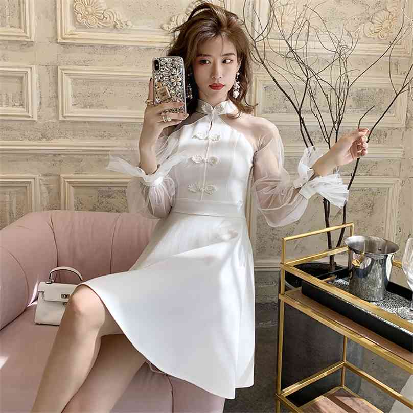 

white dress for women Summer Korea Long Sleeve Stand Lace Vintage Sundress Ladies Office Sexy Party Dresses 210602