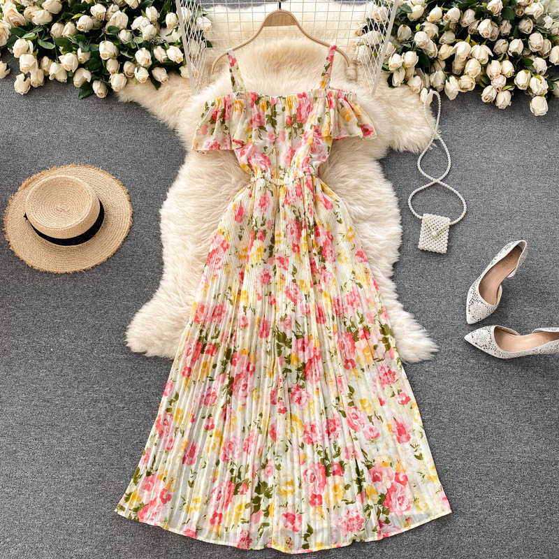 

Bohemian Floral Pleated Long Dress Women Sexy Slash Neck Draped Spaghetti Strap Robe Female Casual Chiffon Beach Vestidos Summer Y0603, Color 4