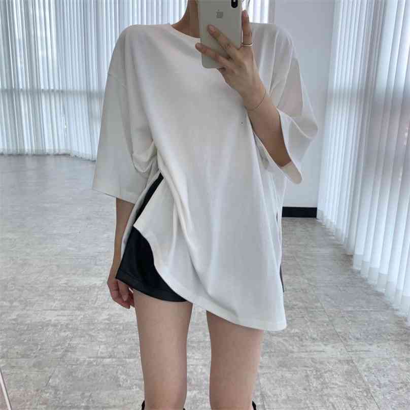 

Spot pure color round collar split loose t-shirts 210602, White