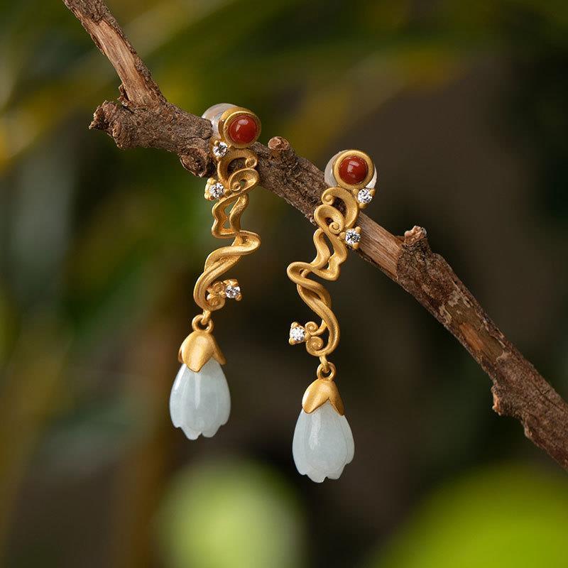 

Dangle & Chandelier Designer's Unique Craftsmanship Ancient Gold Inlaid Orchid Chalcedony Long Earrings Chinese Style Fashion Ladies Silver