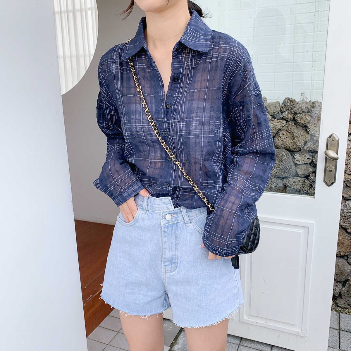 

Thin Loose Plaid Shirt Airable Summer Korean-style Women's Wear Sun Batwing Sleeve Casual Blouse 210607, Navy