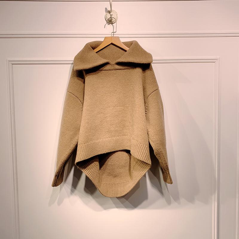 

Women' Sweaters Women Sweater 2021 Autumn And Winter Lapel Asymmetrical Hem Wool Loose Casual Pullover Thick, Khaki