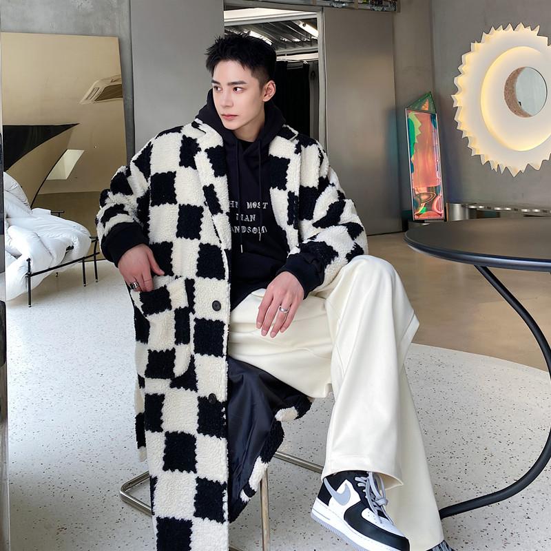 

Men's Trench Coats Winter Men Fashion Black White Square Faux Fur Coat Outerwear Male Vintage Streetwear Long Cardigan Cloak Jacket Overcoat, 6192
