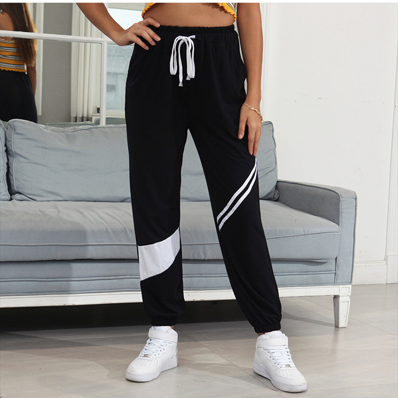 

2021 Casual Sports Stylish Stripe Lace Sweatpants Women Autumn Winter Fashion High Waist Long Length Pants Womens Nhoo, Black