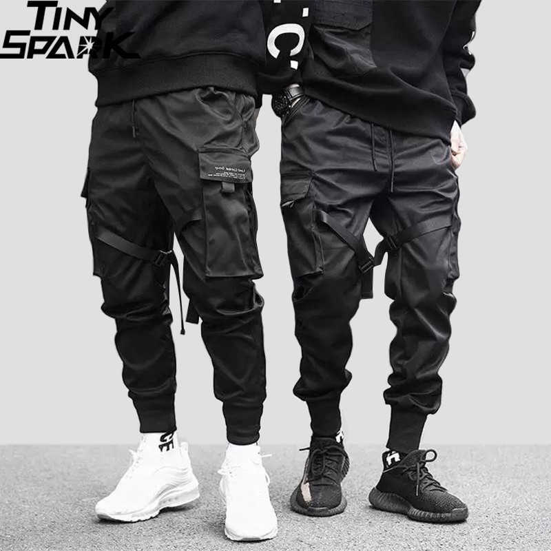 

Hip Hop Cargo Pants Pockets Men Streetwear Harajuku Joggers Pants HipHop Swag Ribbion Harem Pants Fashion Casual Trousers 210616, A112032 black