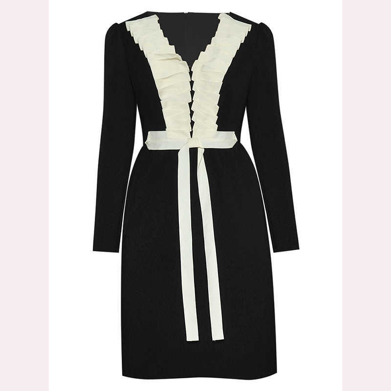 

HIGH QUALITY est Fashion V-Neck Long Sleeve Fold Stitching Simple Temperament Short Dress 210526, Blue